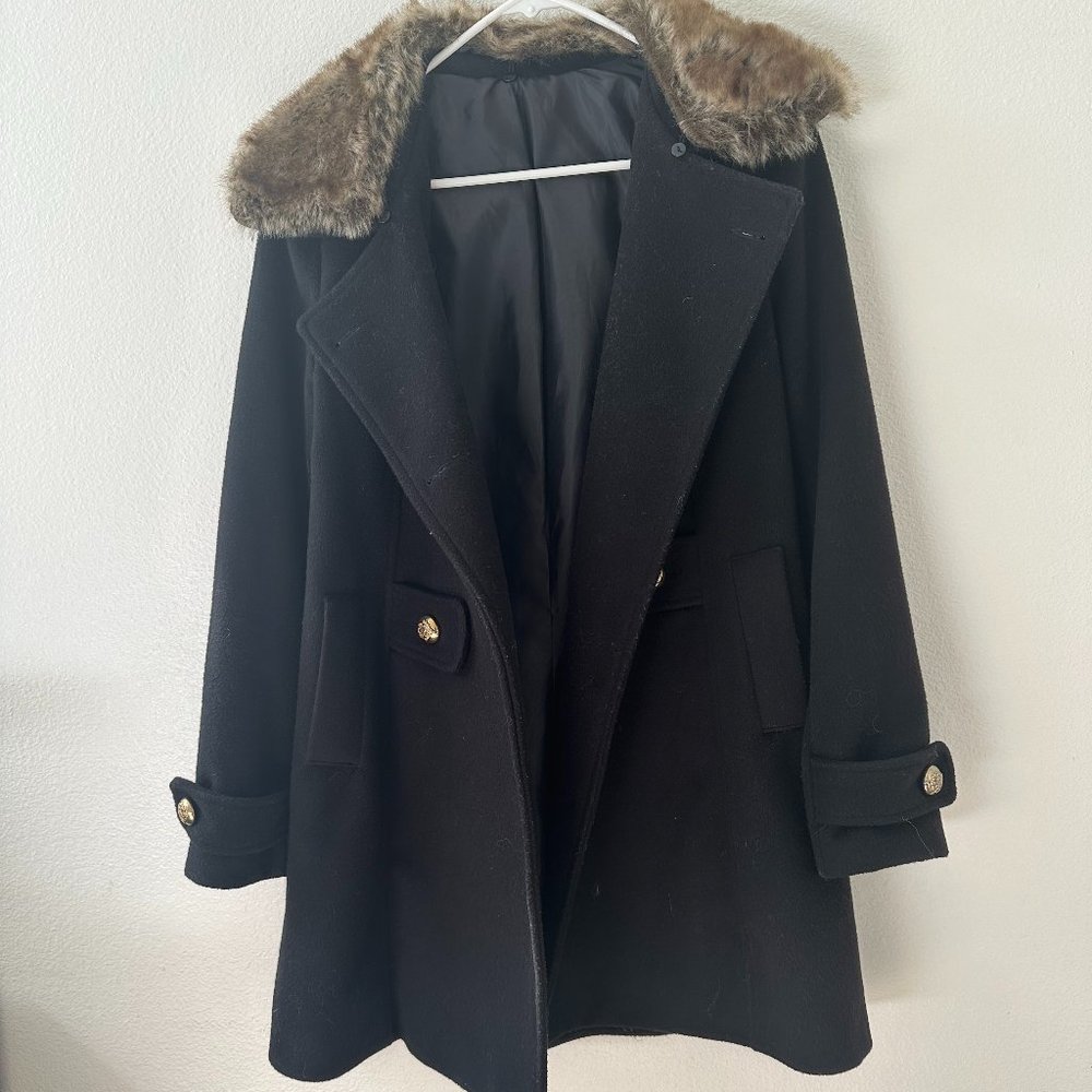 Black Wool Coat with Removable Faux Fur Size XS